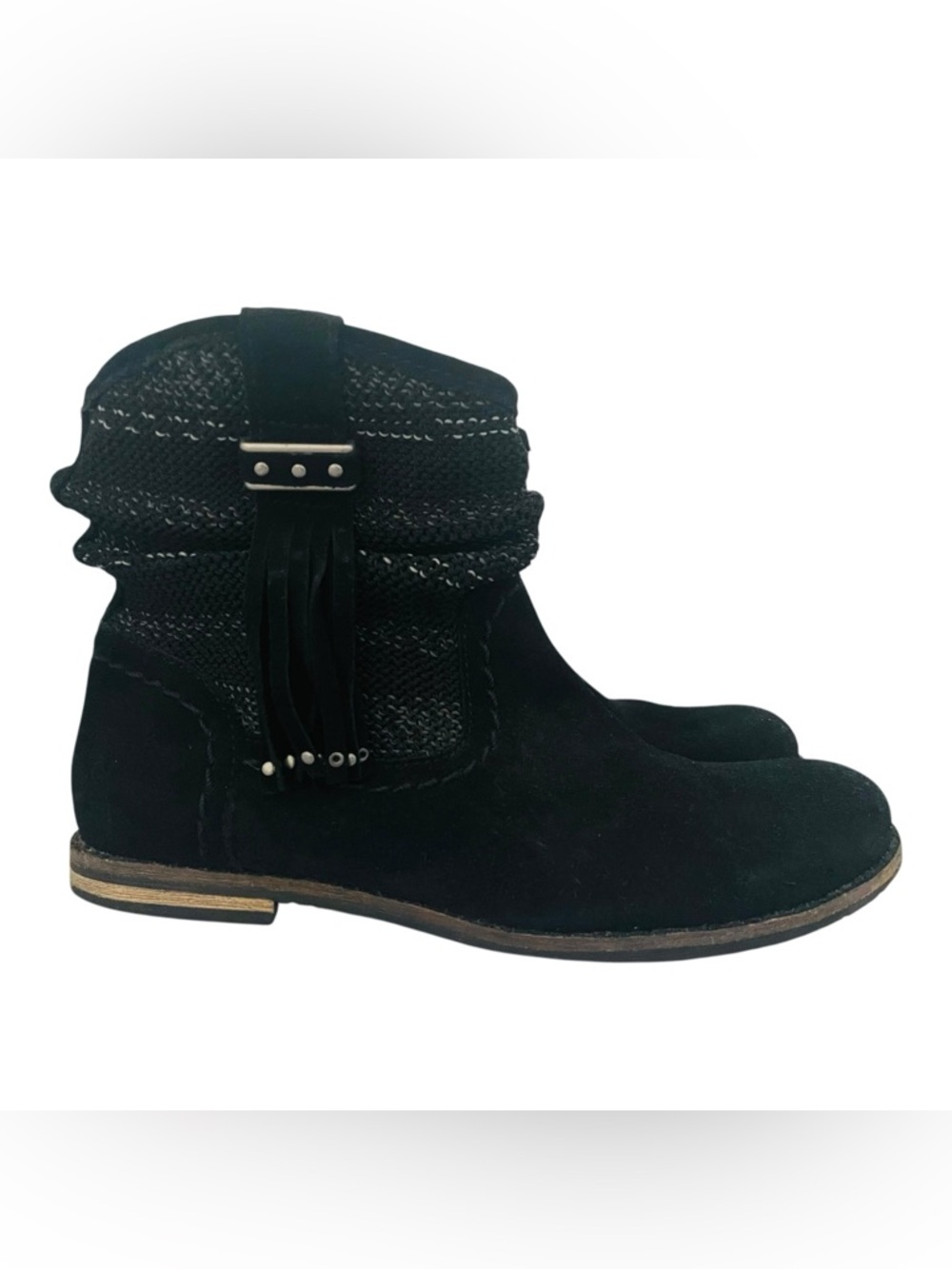 The Sak Jezebel Black Suede Multi Knit W/Tassel Slouch Ankle Boots SZ 6.5